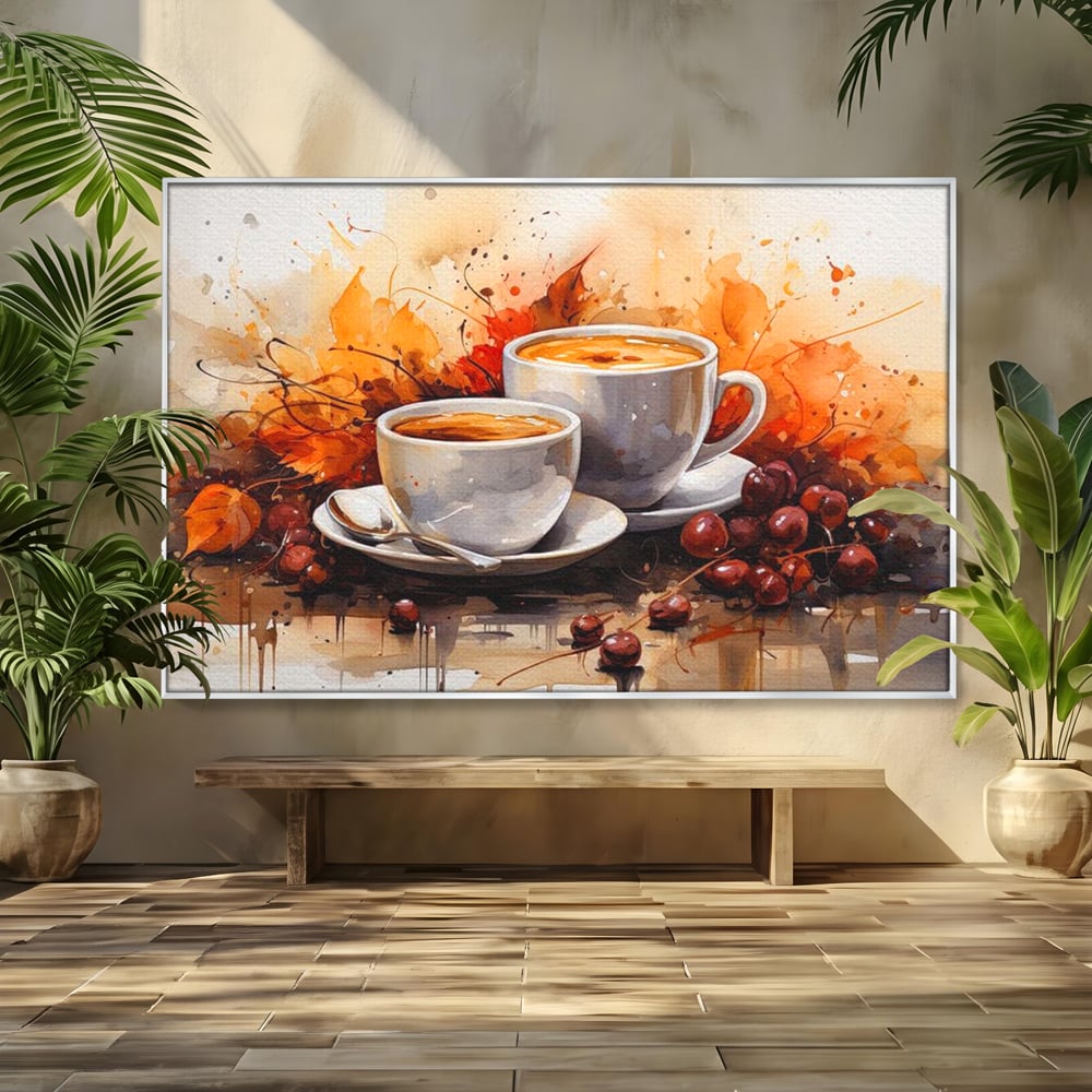 Tablou canvas cu pictura cu doua cesti de cafea si frunze de toamna, in rama de aluminiu argintiu
